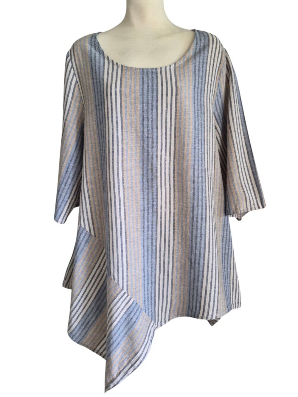 For Cynthia Blue Tan White Vertical Striped Linen Blend Lagenlook Tunic Top XL